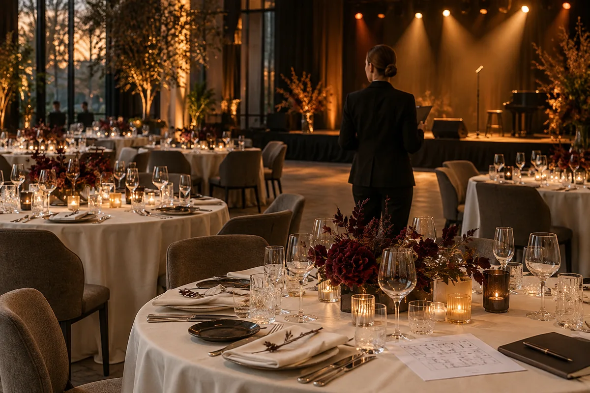 Sfeerillustratie van de voorbereiding van een diner met live entertainment