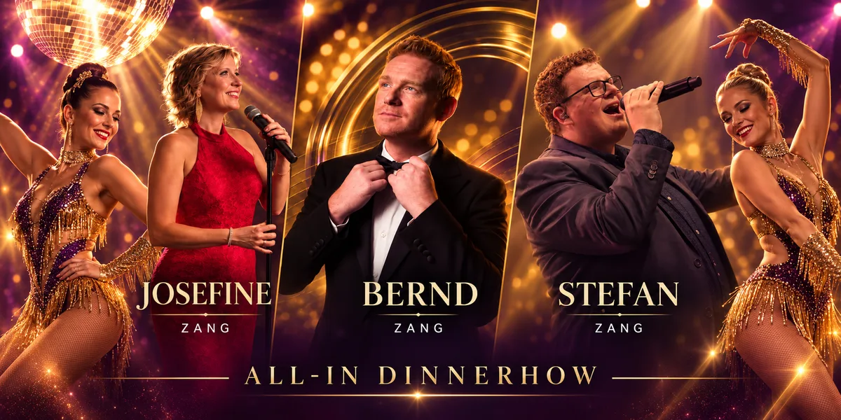 Promotiebeeld van de all-in dinnershow met Josefine, Bernd, Stefan en danseressen