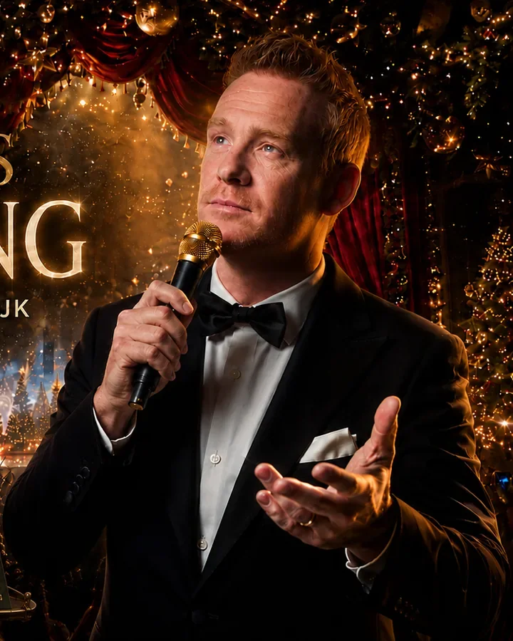 Bernd van de Sanden met microfoon naast een tablet en songboekjes van The Christmas Sing-A-Long
