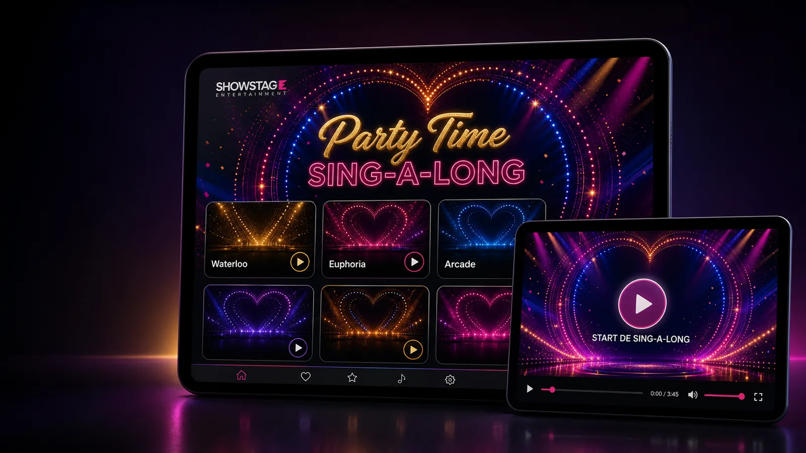 De Party Time Sing-A-Long toepassing op een scherm, met een overzicht van de nummers en een speler die de Sing-A-Long start
