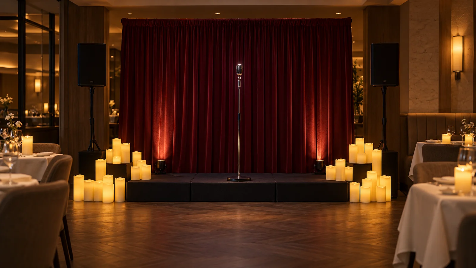 Conceptbeeld van het compacte theaterdecor met bordeauxrode gordijnen en warmwitte kaarsen