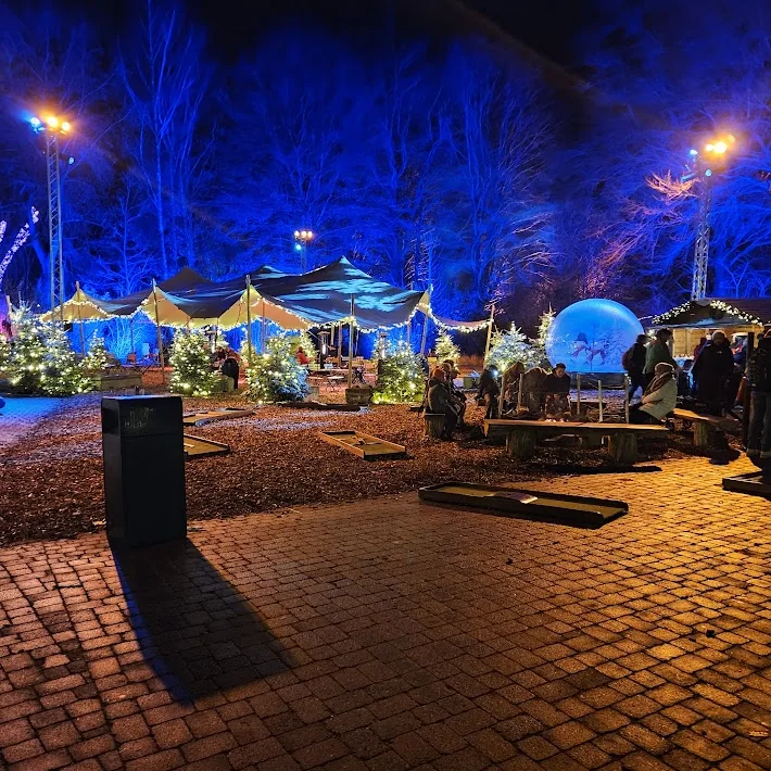 Publiek met glühwein bij een vuurkorf op een kerstmarkt, met verlichte boom en chalets